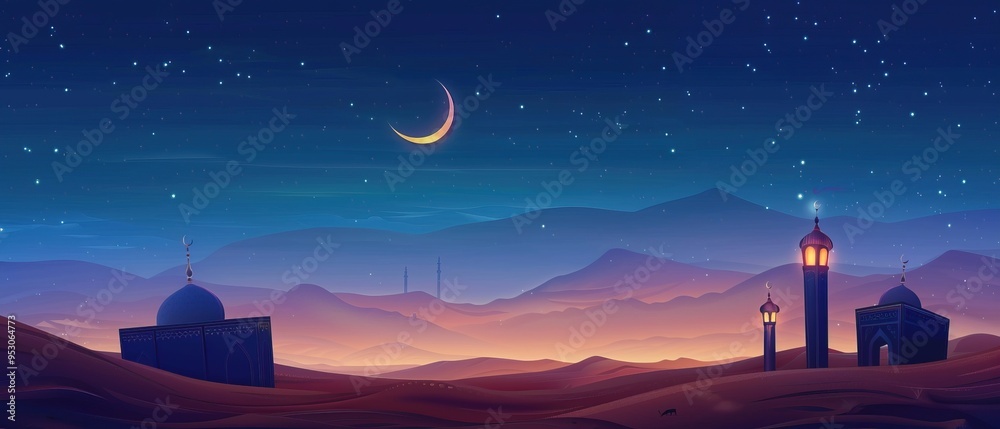 Naklejka premium Night sky with Crescent Moon Over Desert Landscape, Islamic Architecture