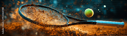 Tennis racket and a tennis ball, dynamic splash of clay particles in the air. photo