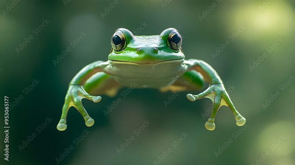 Green Frog Leaping in Mid-Air With Wide Open Eyes Green Frog Leaping in Mid-Air With Wide Open Eyes