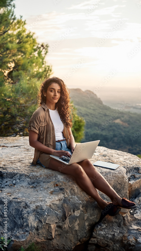 Fototapeta premium laptop nature worker ecology young woman sunset