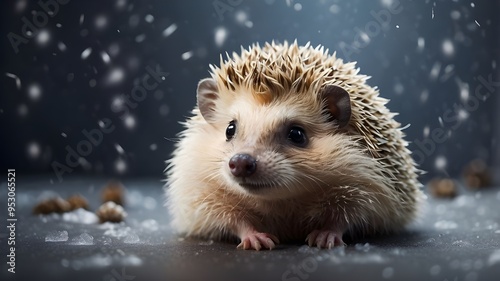 A cute hedgehog amidst a cold scene with snowflakes falling.