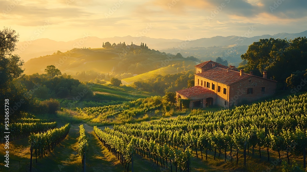 Naklejka premium Sunset casts a golden glow over an Italian vineyard, with a stone farmhouse nestled among the vines.
