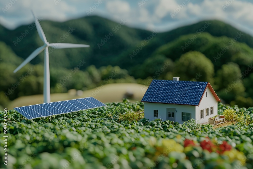 Green energy harvest with windmill and solar panels for eco-green sustainable concept , ai Green energy harvest with windmill and solar panels for eco-green sustainable concept , ai