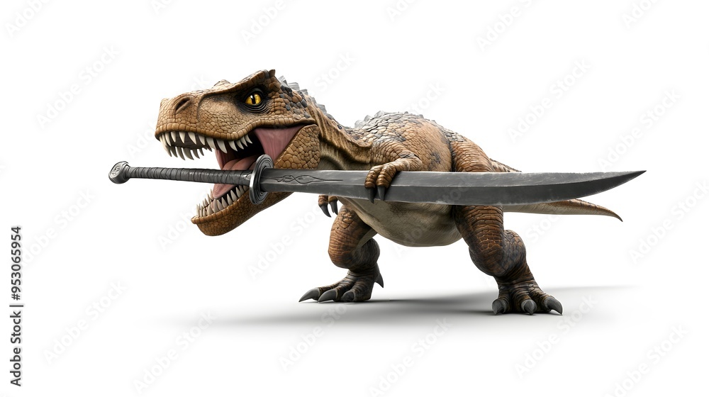 Fototapeta premium Tyrannosaurus Rex Dinosaur Holding a Sword in its Mouth