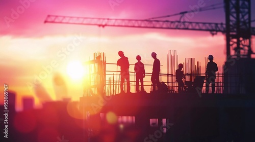 Silhouette of engineer and construction team working at site over blurred background pastel sunset for industry background with nice Light fair