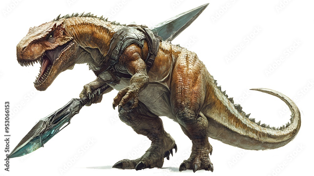 Fototapeta premium Fierce Dinosaur Warrior with Weapon
