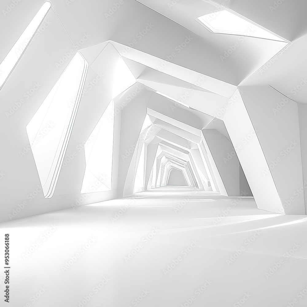 Fototapeta premium White interior, white geometric shapes, futuristic design,