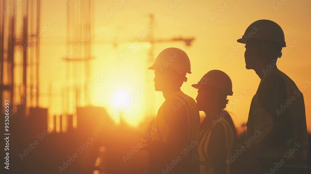 Silhouette of engineer and construction team working at site over blurred background pastel sunset for industry background with nice Light fair Silhouette of engineer and construction team working at site over blurred background pastel sunset for industry background with nice Light fair