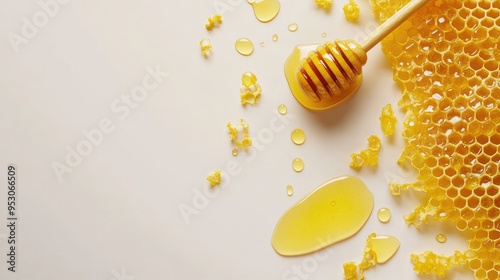 A close-up of honeycomb with honey drizzled and spilled, showcasing natural sweetness.