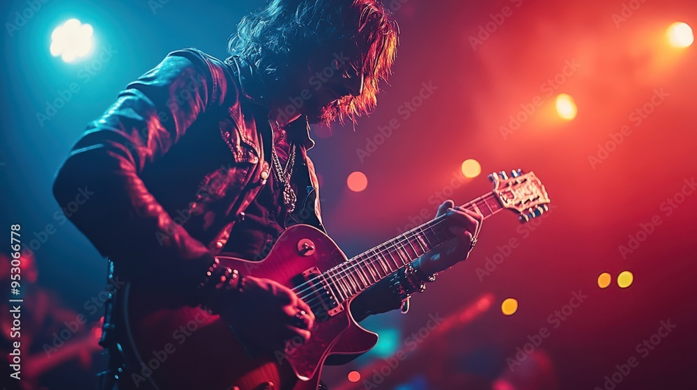 Obraz premium Electric Guitarist in Intense Stage Performance.