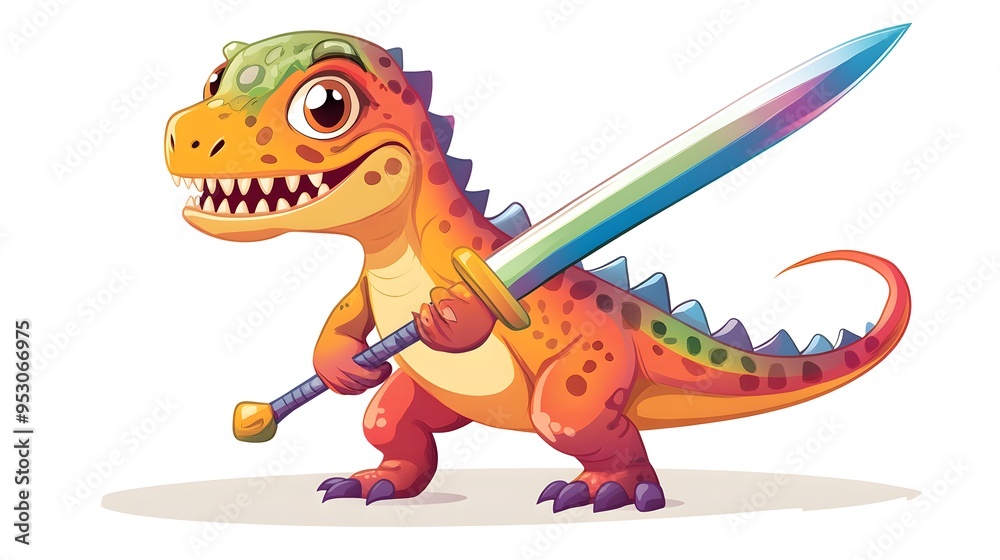 Fototapeta premium Cartoon Dinosaur Warrior Holding a Sword