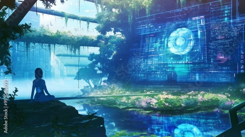 Digital technology invisibly embedded in a tranquil lake setting, with futuristic elements harmonizing with natural water and foliage