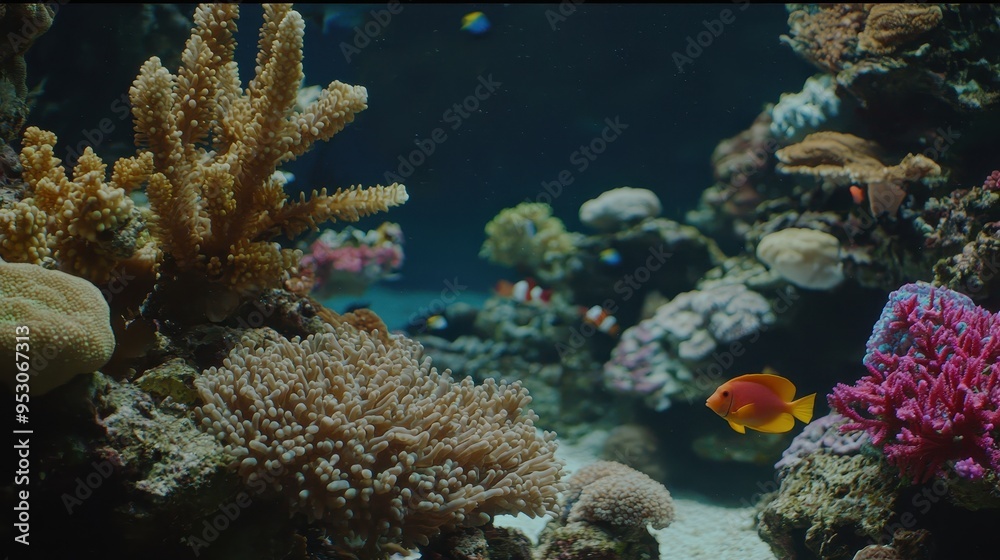 Vibrant Orange Fish Swimming Among Coral Reefs in Aquarium Vibrant Orange Fish Swimming Among Coral Reefs in Aquarium