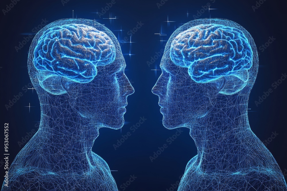 Illustration of two blue digital brains connected by neural pathways ...