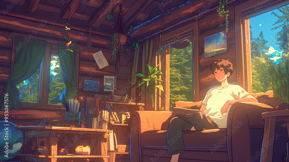 anime boy sitting on sofa, Sofa is in a cozy living room in a rustic log cabin anime boy sitting on sofa, Sofa is in a cozy living room in a rustic log cabin