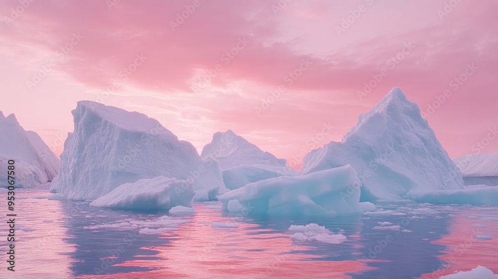 Serene icebergs reflected in calm waters under a pastel sky at dawn. Serene icebergs reflected in calm waters under a pastel sky at dawn.