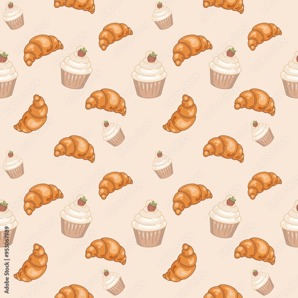 seamless pattern with croissants and cupcakes seamless pattern with croissants and cupcakes