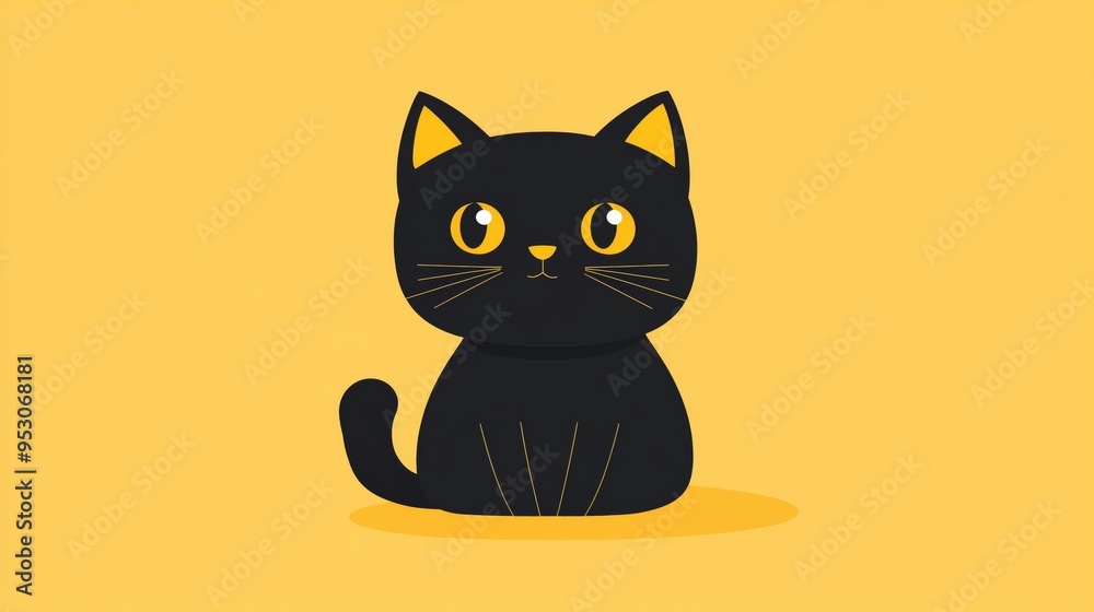 Adorable Cartoon Black Cat Sitting Against a Yellow Background Adorable Cartoon Black Cat Sitting Against a Yellow Background