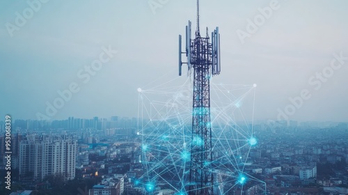 A telecommunications tower with network connections over a city landscape.
