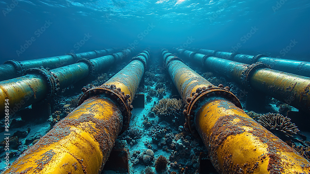 An underwater view of an oil pipeline system in the ocean, An underwater view of an oil pipeline system in the ocean,