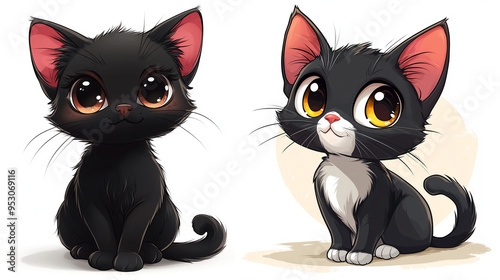 Cute chibi black and tuxedo cartoon kittens with big eyes, isolated on white background - adorable and playful cat characters.