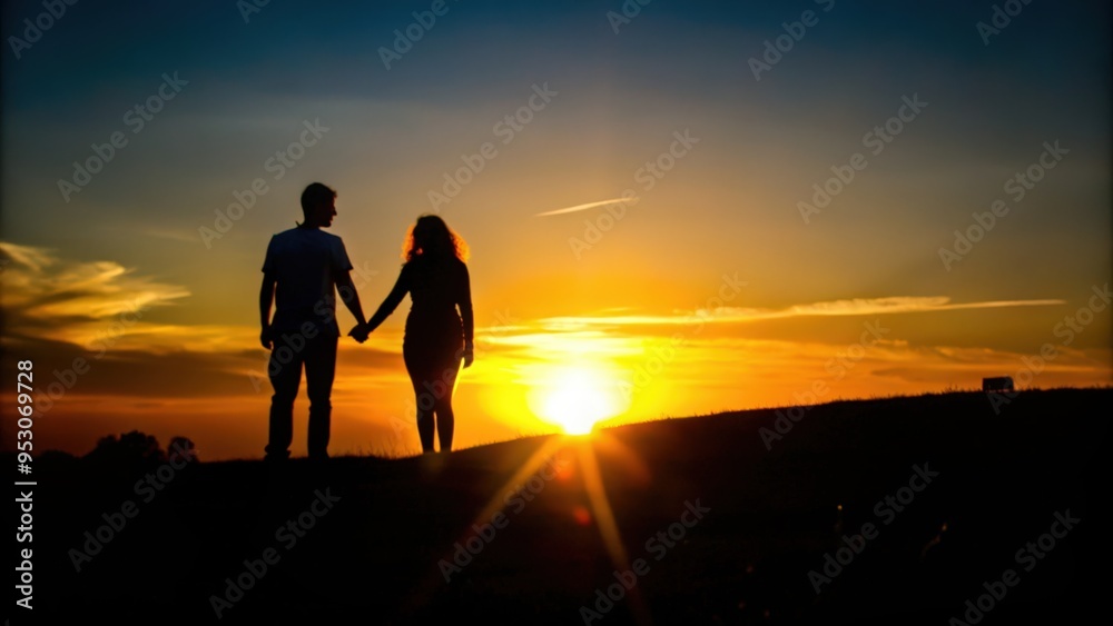 Fototapeta premium Silhouetted Couple Holding Hands at Sunset