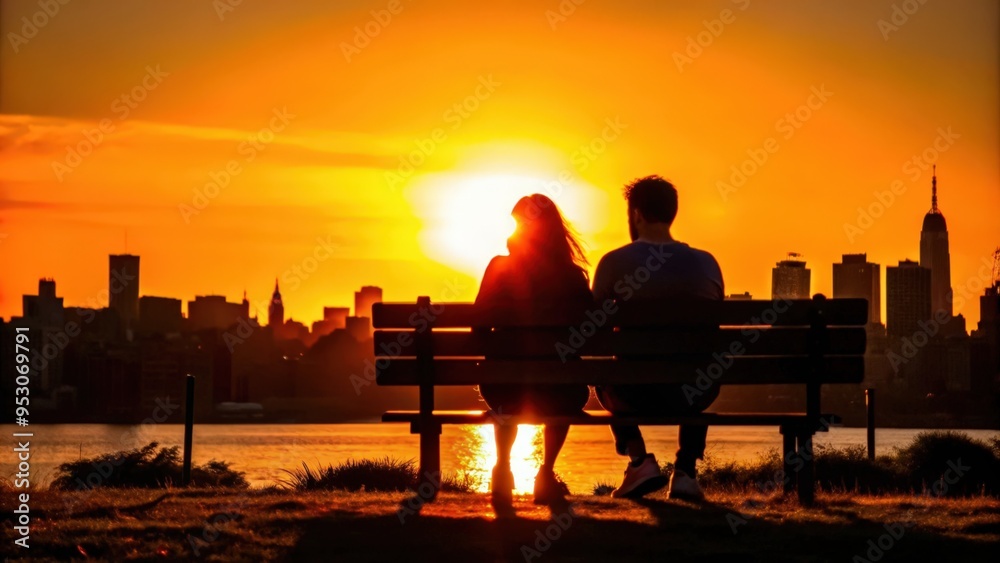 Obraz premium Silhouetted Couple on a Bench During Sunset Over a City Skyline