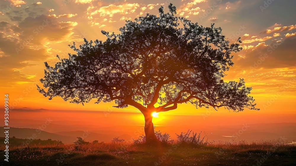Obraz premium Sunset with tree wallpaper