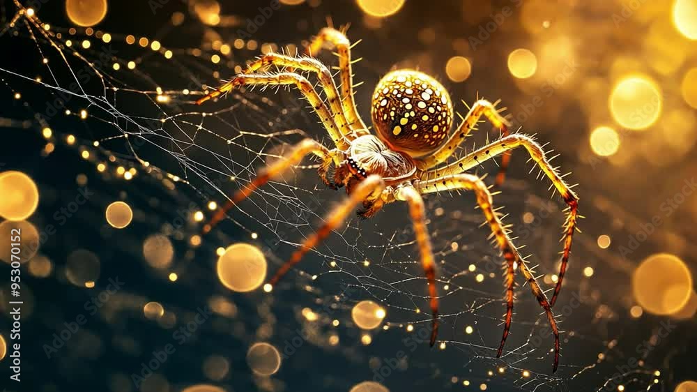 A Bokeh background featuring a golden spider in a web A Bokeh background featuring a golden spider in a web