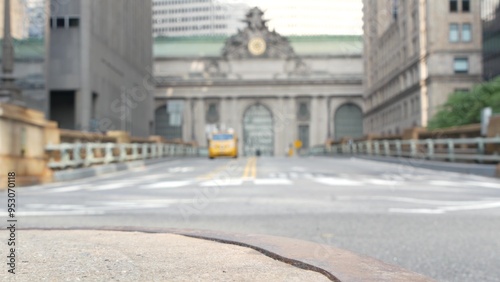 New York City Grand Central Terminal railway station building architecture, 42 street. Manhattan Midtown. Yellow taxi cab, car transport, Pershing Square bridge, NYC, USA. American urban road traffic.