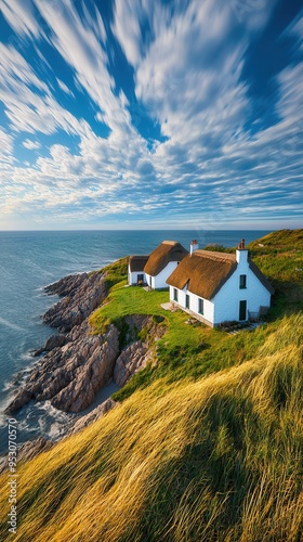 Coastal village on the North Sea with traditional thatched-roof houses, windy day with clouds moving fast across the sky, dramatic and rugged landscape. 