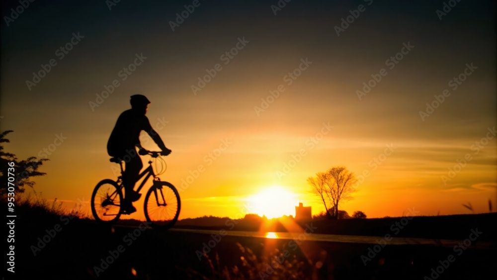 Obraz premium Silhouette of a Person Cycling Towards a Sunset