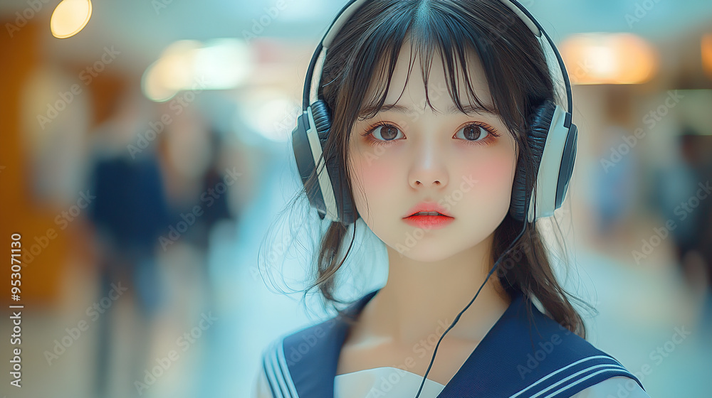 Beautiful Japanese high school girl in a sailor uniform listening to music with headphones, at the mall Beautiful Japanese high school girl in a sailor uniform listening to music with headphones, at the mall