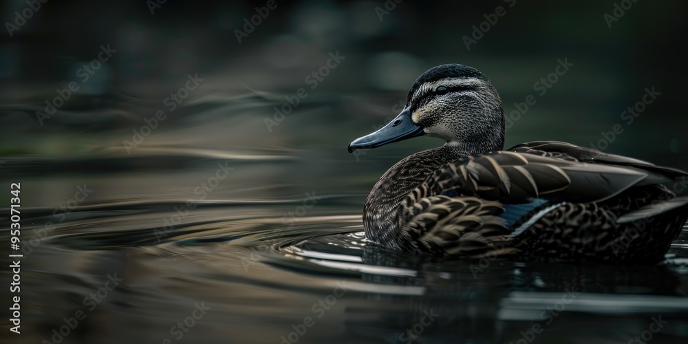 Obraz premium Dark-bodied Duck with Light-colored Head, Dark Crown, and Facial Stripes