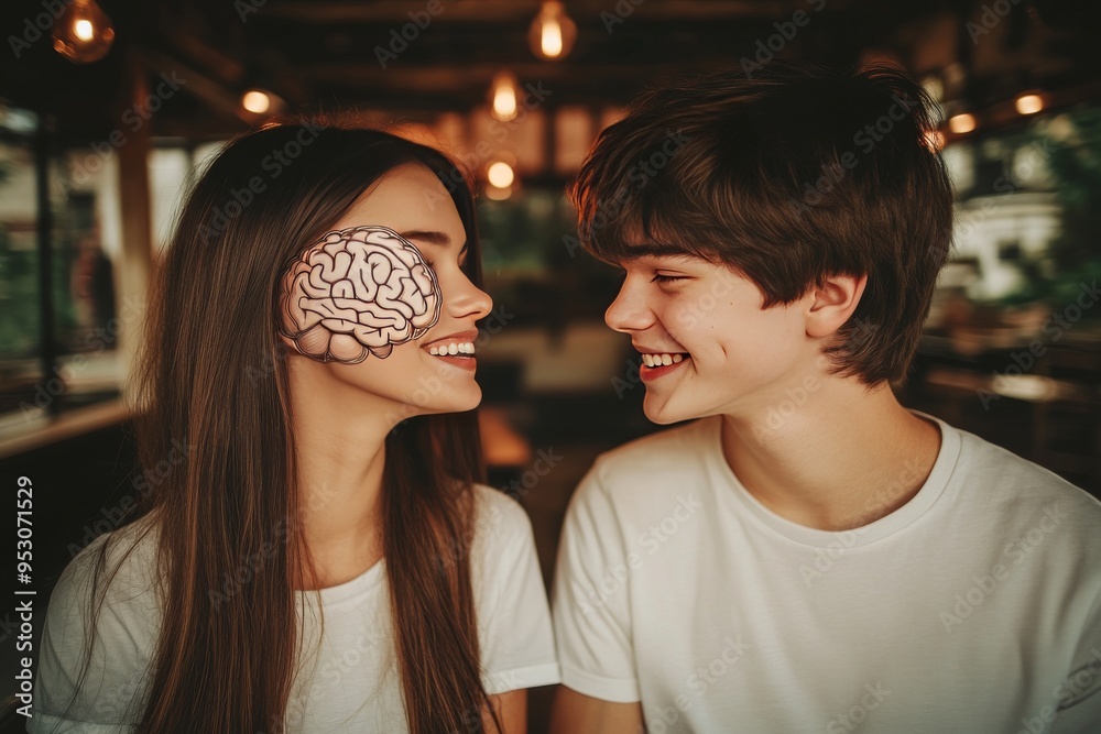Naklejka premium Neural Romance A Couple Connecting Intellectually and Emotionally through a Creative Brain Visualization in a Cozy Setting