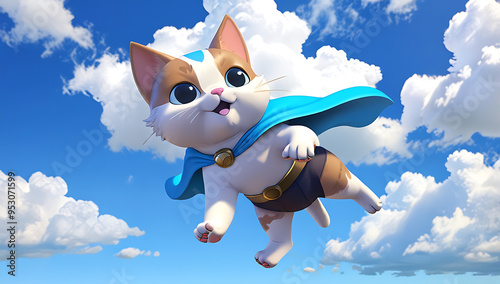 A playful 3D model of a cute cat dressed as a superhero, flying in the air with a tiny cape, set against a bright blue sky with fluffy clouds, featuring ample copy space. photo