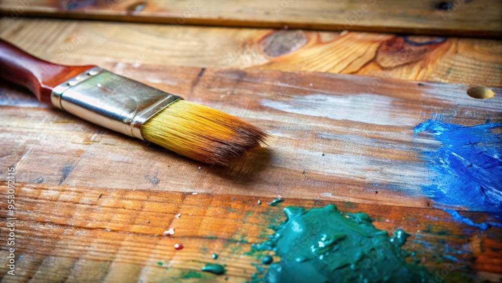 Fototapeta premium Paintbrush on Wooden Palette with Blue and Green Paint