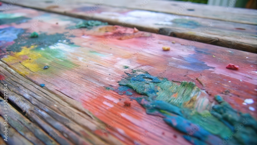 Fototapeta premium Colorful Paint Splatters on Wooden Surface
