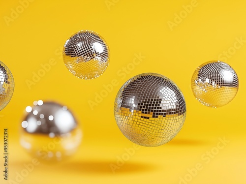 Silver disco balls on a yellow background 