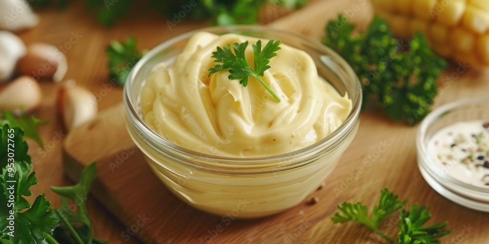 Creamy yellow sauce in a glass bowl Creamy yellow sauce in a glass bowl