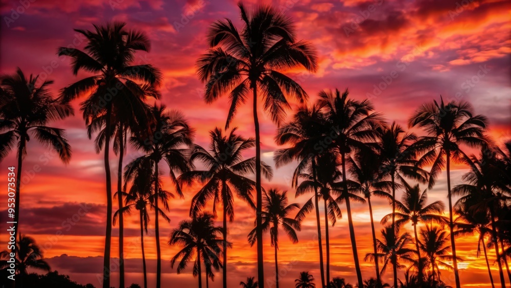 Fototapeta premium Silhouetted Palm Trees Against Vibrant Sunset Sky