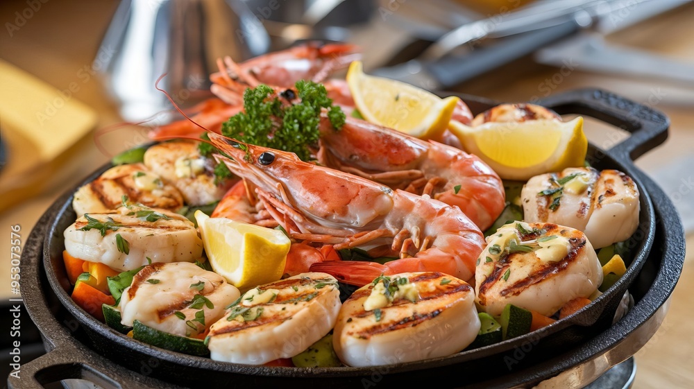 Hot seafood platter of shrimp and shellfish Hot seafood platter of shrimp and shellfish
