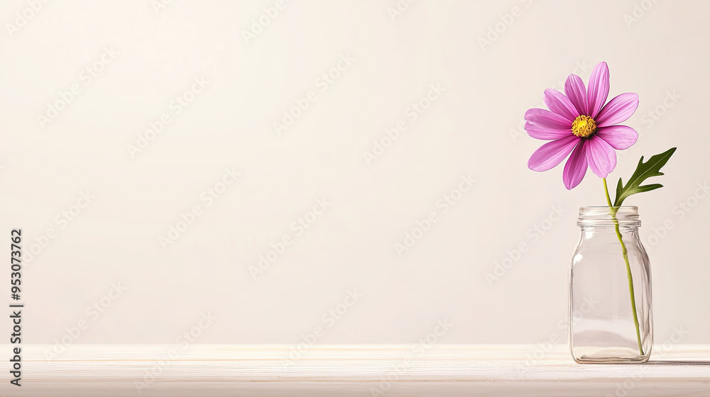 A beautiful pink flower in a glass bottle against a soft, neutral background, perfect for home decor or nature themes. A beautiful pink flower in a glass bottle against a soft, neutral background, perfect for home decor or nature themes.
