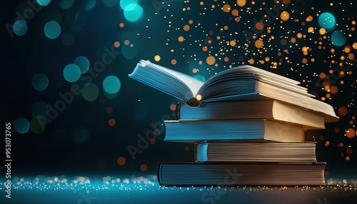 A captivating stack of books with magical sparkles, creating an enchanting atmosphere of knowledge and inspiration.