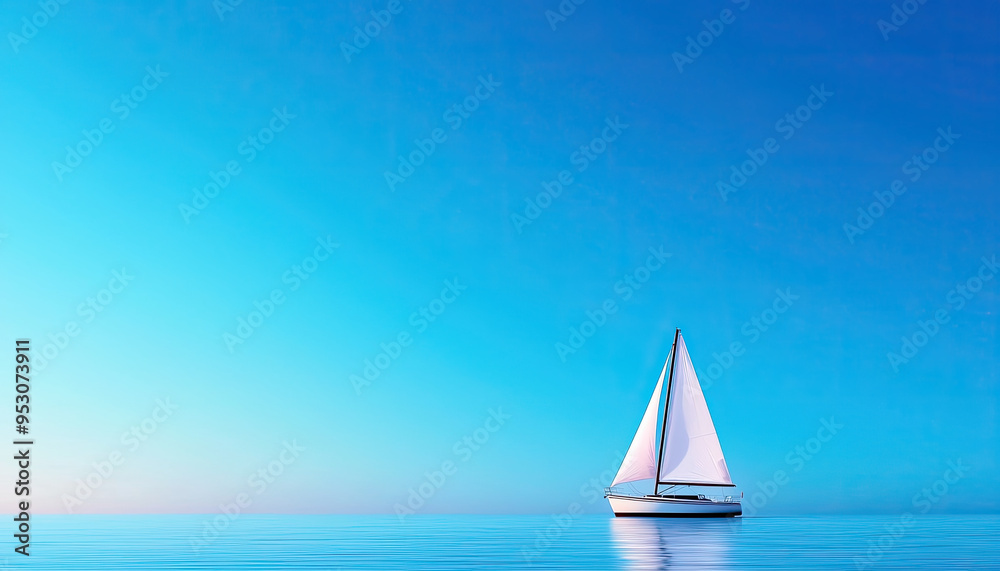 Obraz premium A serene sailboat gliding across calm waters under a clear blue sky, perfect for conveying tranquility and adventure.