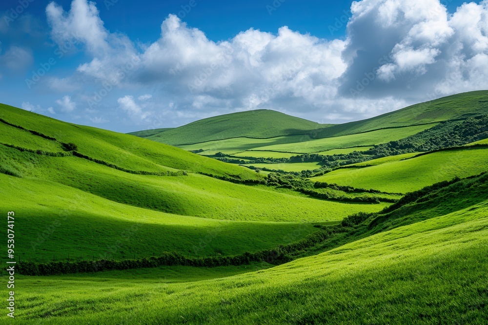 Fototapeta premium Lush green hills under a bright sky during St. Patrick's Day in Ireland. 