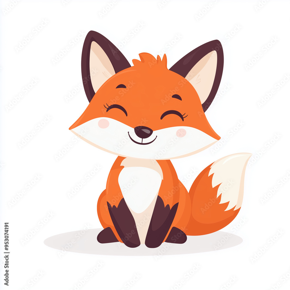Fototapeta premium Cute Cartoon Fox Character with Big Eyes Sitting on White Background