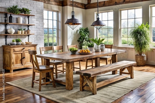 Thomasville furniture farmhouse dining table rustic wooden design distressed finish modern farm fresh style industrial minimalist decor reclaimed wood  photo