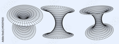 A set of 3D tunnel wireframes representing the warp of time and space.