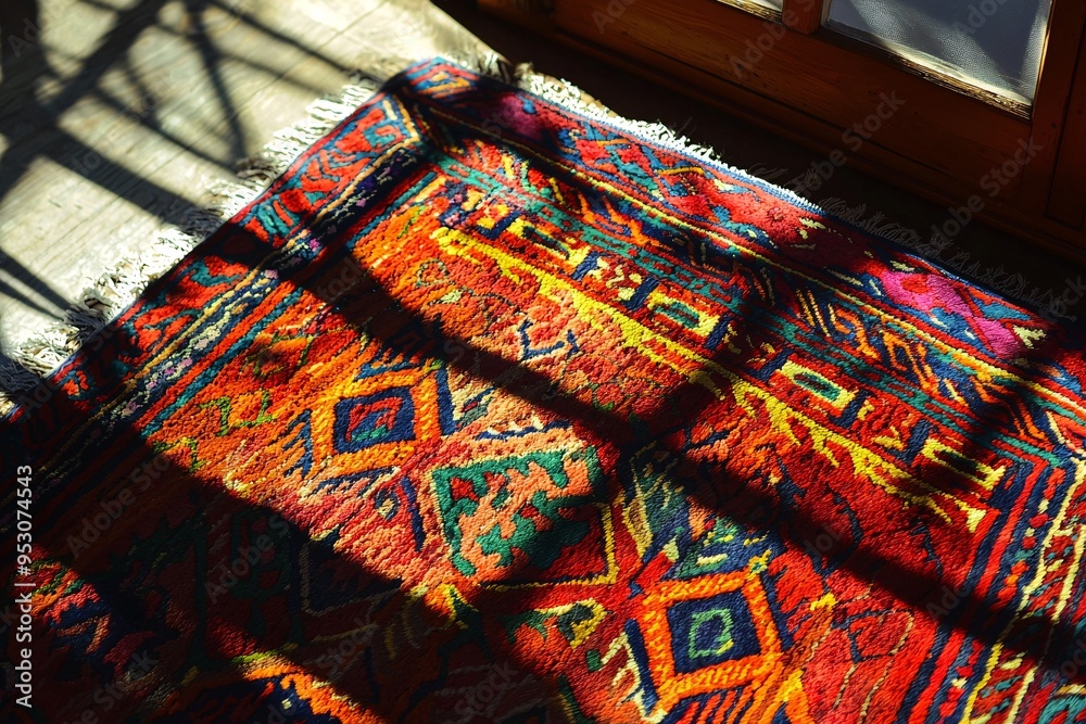 A radiant textile adorns a sunlit space, featuring elaborate designs and vivid hues that evoke warmth and cultural richness. A radiant textile adorns a sunlit space, featuring elaborate designs and vivid hues that evoke warmth and cultural richness.